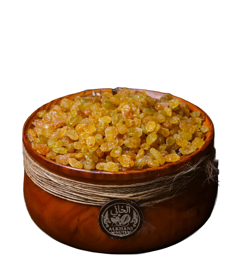 زبيب ذهبي، حبات صغيرة دهبية وكهرمانية، بزبدية خشب ملفوفة بخيط خيش وعليها ختم الخاني